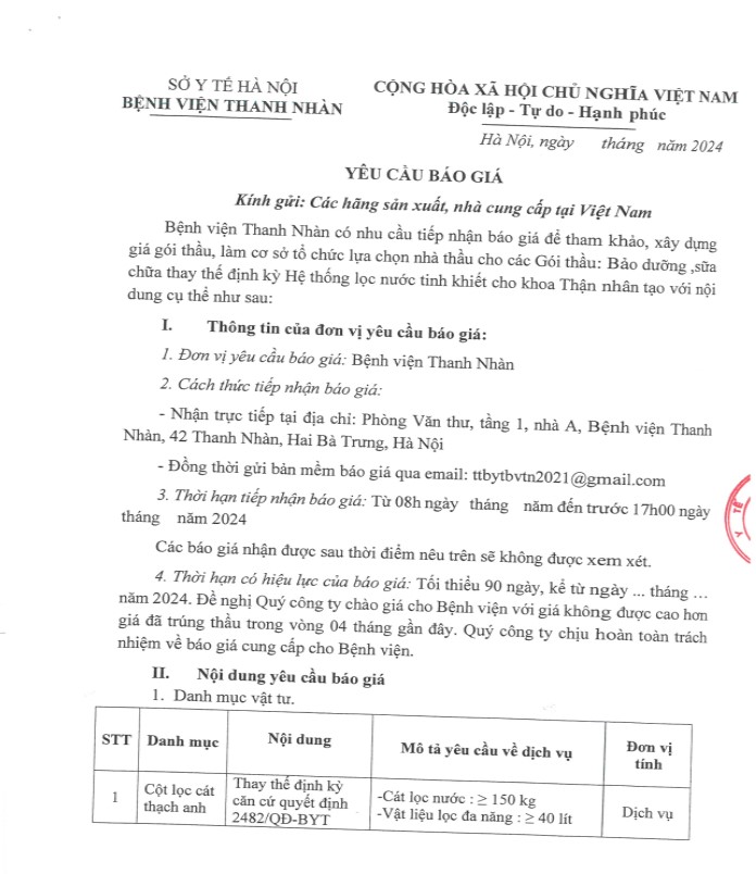 Yêu cầu báo giá cho gói thầu: Bảo dưỡng sửa chữa thay thế định kỳ Hệ thống lọc nước tinh khiết cho khoa Thận nhân tạo