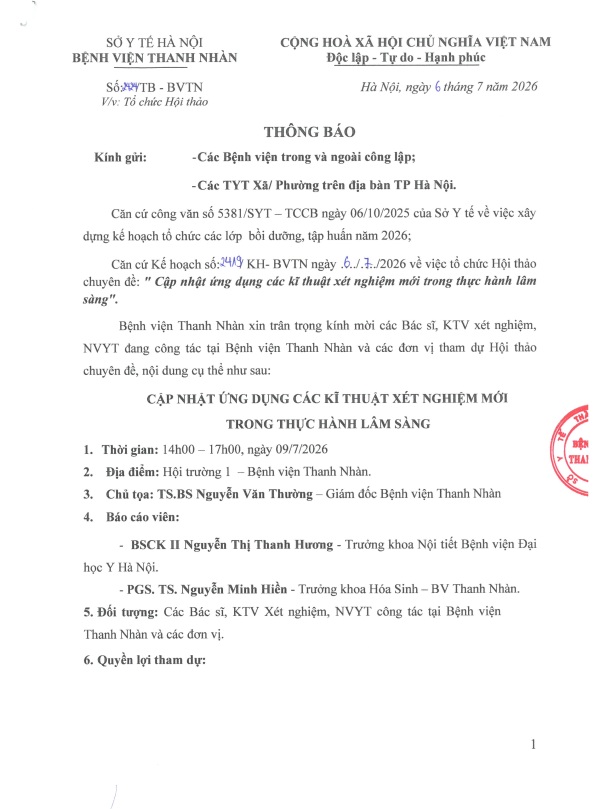 Thông Báo tổ chức Hội Thảo chuyên đề xét nghiệm
