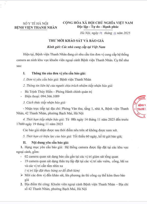 Thư mời chào giá Cung cấp hệ thống camera an ninh khu vực khuôn viên ngoại cảnh Bệnh viện Thanh Nhàn