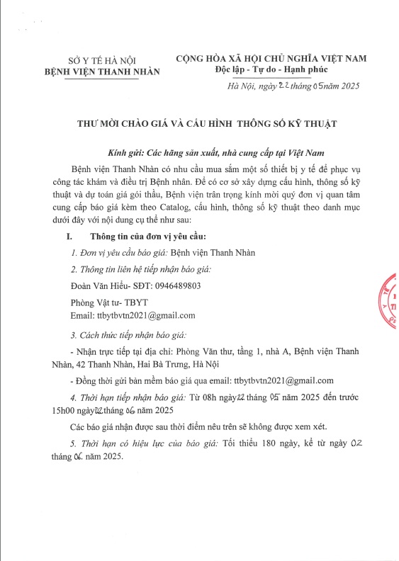 Thư mời chào giá và cấu hình, thông số kỹ thuật để tham khảo xây dựng thực hiện các gói thầu mua sắm các thiết bị y tế: Máy phá rung tim tạo nhịp, máy Gây mê kèm thở có monitor theo dõi kèm theo