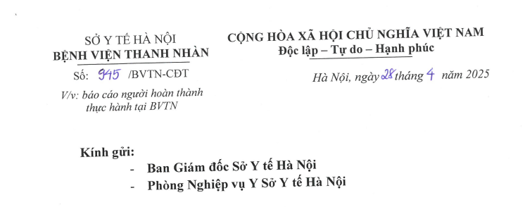 Danh sách người hoàn thành thực hành tại Bệnh viện Thanh Nhàn