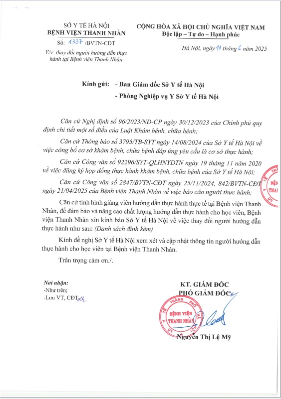 Thông báo thay đổi người hướng dẫn thực hành tại Bệnh viện Thanh Nhàn