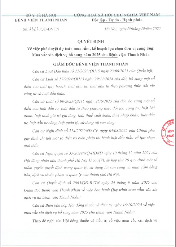 Quyết định về việc phê duyệt dự toán mua sắm, kế hoạch lựa chọn đơn vị cung ứng: Mua vắc xin dịch vụ bổ sung năm 2025 cho Bệnh viện Thanh Nhàn