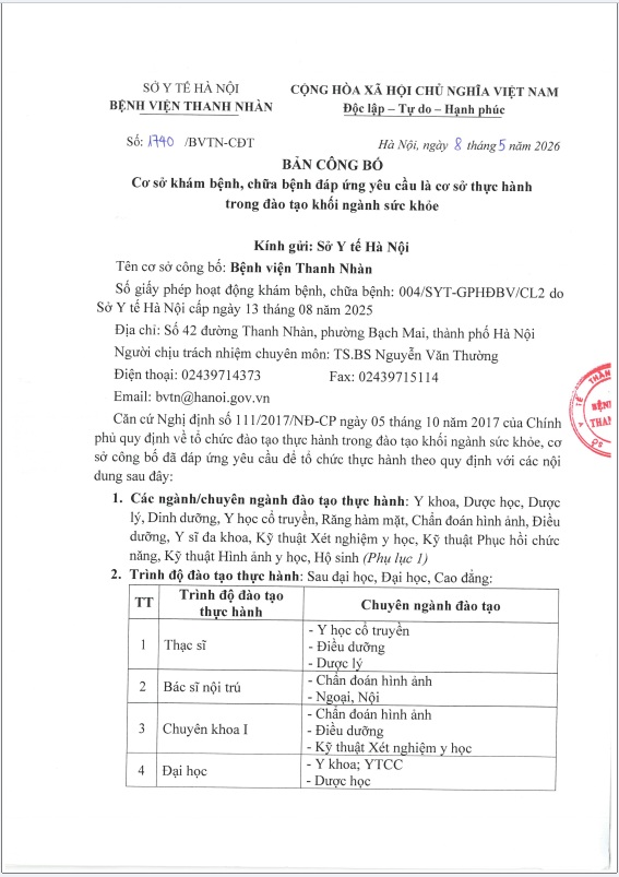 Bản công bố Cơ sở khám bệnh, chữa bệnh đáp ứng yêu cầu là cơ sở thực hành trong đào tạo khối ngành sức khỏe