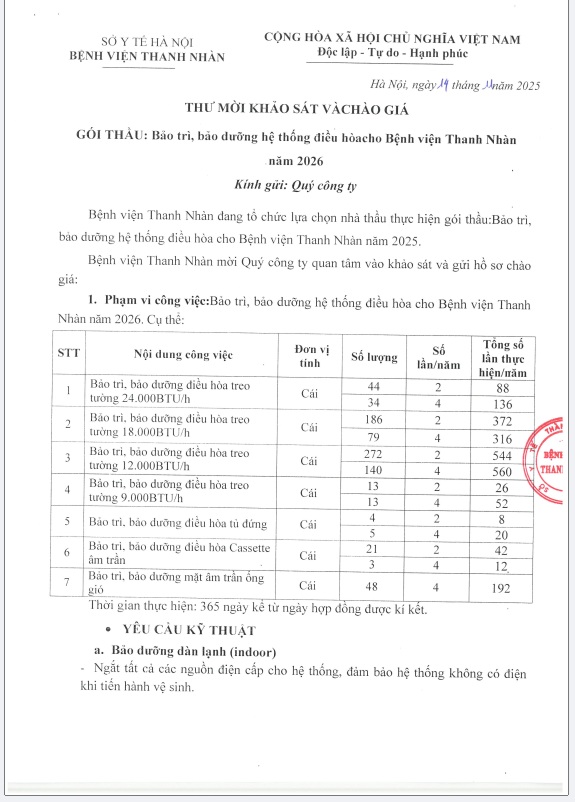 Thư mời chào giá gói thầu Bảo trì, bảo dưỡng hệ thống điều hòacho Bệnh viện Thanh Nhàn năm 2026