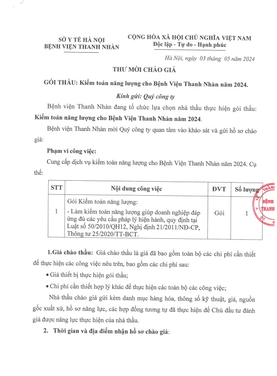 Thư mời chào giá Gói thầu: Kiểm toán năng lượng cho Bệnh viện Thanh Nhàn năm 2024