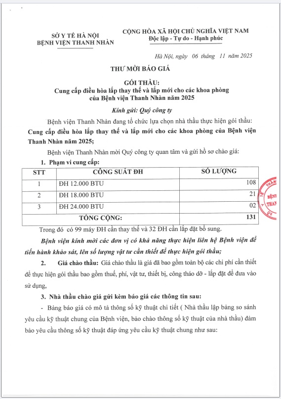 Thư mời chào giá gói thầu: Cung cấp điều hòa lắp thay thế và lắp mới cho các khoa phòng của Bệnh viện Thanh Nhàn năm 2025