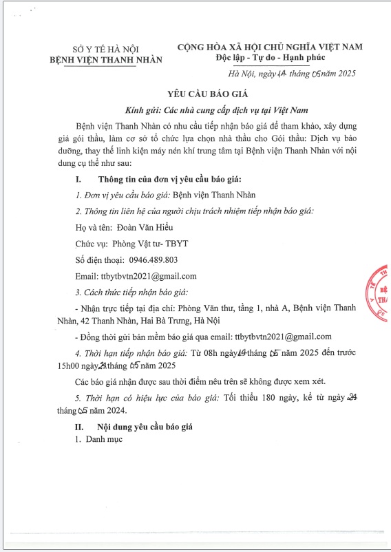 Yêu cầu báo giá làm cơ sở tổ chức lựa chọn nhà thầu cho gói thầu: Dịch vụ bảo dưỡng, thay thế linh kiện máy nén khí trung tâm tại bệnh viện Thanh nhàn.