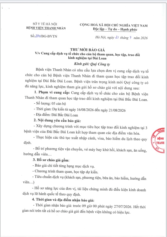 Thư mời chào giá Cung cấp dịch vụ tổ chức cho cán bộ tham quan, học tập, trao đổi kinh nghiệm tại Đài Loan