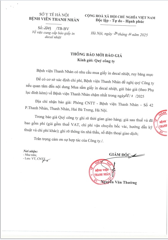 Thư mời chào giá gói thầu mua sắm giấy in decal nhiệt