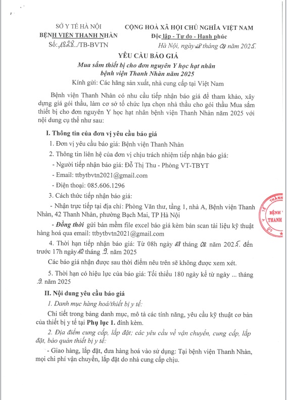 Yêu cầu báo giá để tham khảo, xây dựng giá gói thầu: Mua sắm thiết bị cho đơn nguyên y học hạt nhân bệnh viện Thanh Nhàn năm 2025