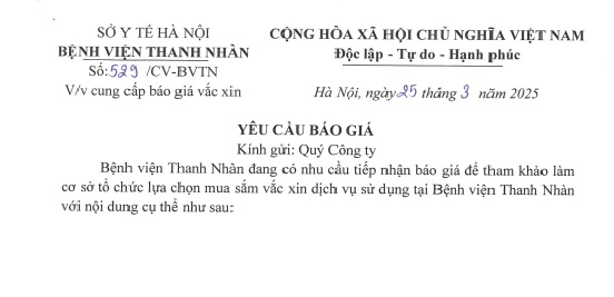 Thư Mời Báo Giá Một Số Vắc-xin Dịch Vụ Tại Bệnh Viện