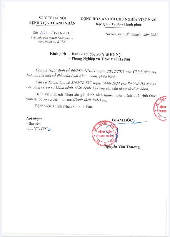 Danh sách người hoàn thành thực hành tại Bệnh viện Thanh Nhàn (CV 1951/BVTN-CĐT ngày 17/09/2025)