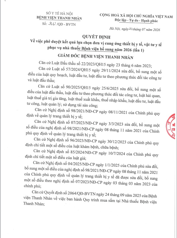 Quyết định phê duyệt kết quả lựa chọn đơn vị cung thiết bị y tế, vật tư y tế bổ sung năm 2026 (lần 1) cho hệ thống Nhà thuốc Bệnh viện