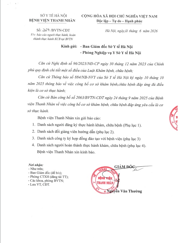 Báo cáo người thực hành, hoàn thành thực hành tại Bệnh viện Thanh Nhàn