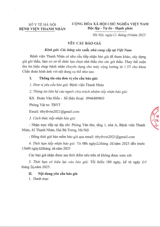 Yêu cầu báo giá để tham khảo, xây dựng thực hiện các gói thầu: Thay thế cuộn thu tín hiệu chụp bệnh nhân chuyên dụng cho máy cộng hưởng từ 1.5T cho khoa chẩn đoán hình ảnh