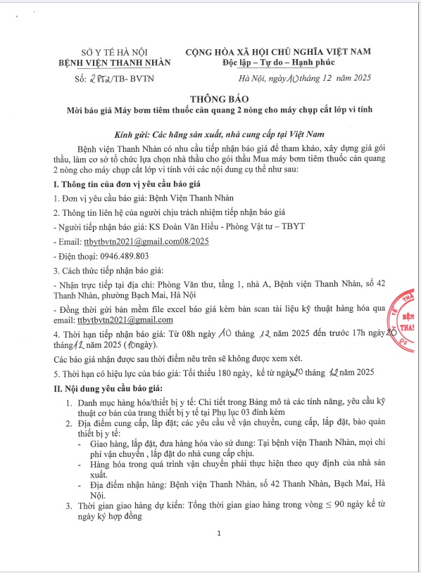 TB 2852 Thông báo mời báo giá Máy bơm tiêm thuốc cản quang 2 nòng cho máy chụp cắt lớp vi tính