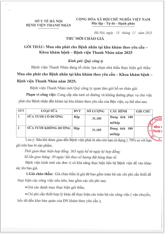 Mua sữa phát cho Bệnh nhân tại khu khám theo yêu cầu – Khoa khám bệnh – Bệnh viện Thanh Nhàn năm 2025;