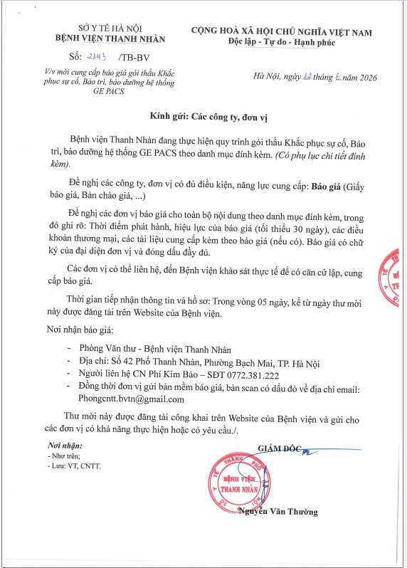 Thư mời cung cấp báo giá gói thầu khắc phục sự cố, bảo trì, bão dưỡng hệ thống GE PACS
