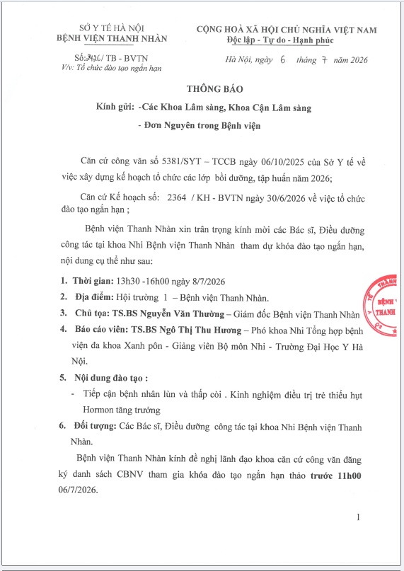 Thông báo tổ chức khóa đào tạo ngắn hạn chuyên đề nhi khoa