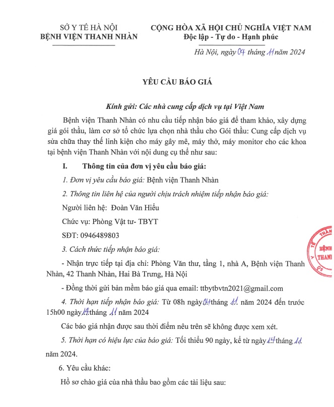 Yêu cầu báo giá cho gói thầu: Cung cấp dịch vụ sửa chữa thay thế linh kiện cho máy gây mê, máy thở, máy monitor cho các khoa tại bệnh viện Thanh nhàn