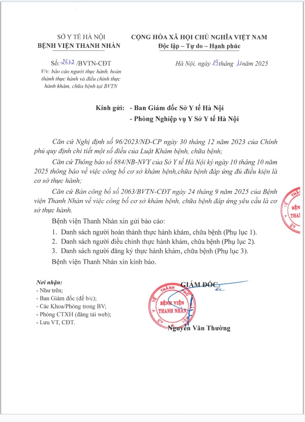 Báo cáo người thực hành, hoàn thanh thực hành và điều chỉnh thực hành khám, chữa bệnh tại Bệnh viện Thanh Nhàn