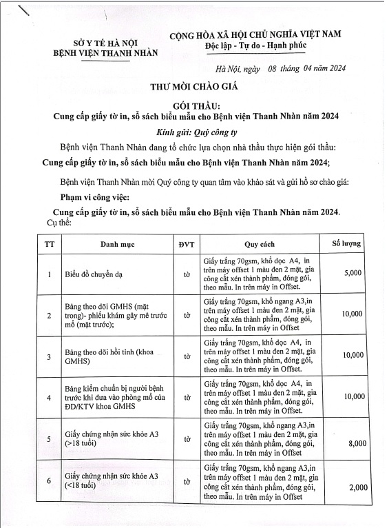 Thư mời chào giá gói thầu: Cung cấp giấy tờ in, sổ sách biểu mẫu cho Bệnh viện Thanh Nhàn năm 2024