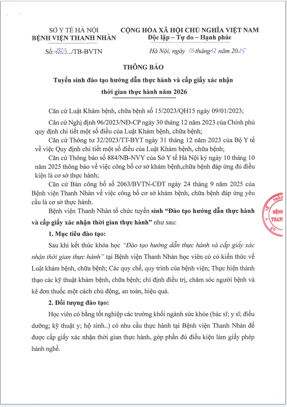 Thông báo tuyển sinh đào tạo hướng dẫn thực hành và cấp giấy xác nhận thời gian thực hành năm 2026