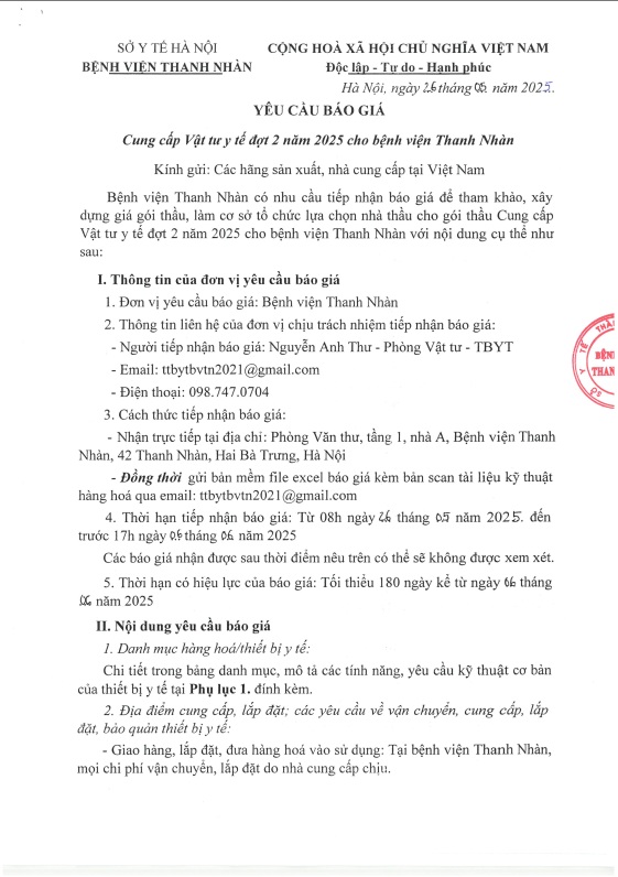 Yêu cầu báo giá cung cấp Vật tư y tế đợt 2 năm 2025 cho bệnh viện Thanh Nhàn