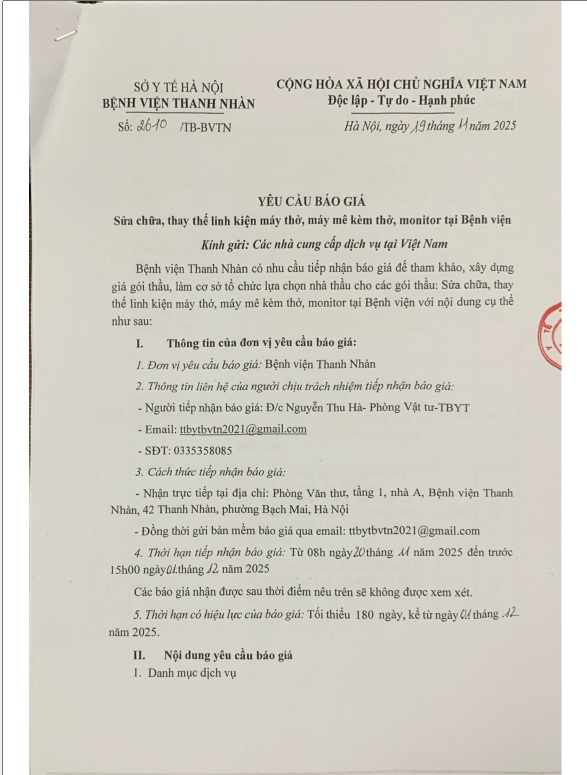 TB 2610 Yêu cầu báo giá Sửa chữa, thay thế linh kiện máy thở, máy mê kèm thở, monitor tại Bệnh viện