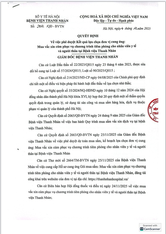 Quyết định phê duyệt Kết quả lựa chọn đơn vị cung ứng: Mua vắc xin cúm phục vụ chương trình tiêm phòng cho nhân viên y tế và người thân tại Bệnh viện Thanh Nhàn