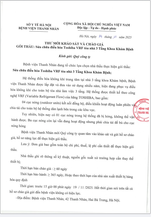 Thư mời chào giá gói thầu Sửa chữa điều hòa Toshiba VRF tòa nhà 3 Tầng Khoa Khám Bệnh