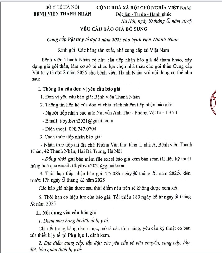 Yêu cầu báo giá bổ sung: Cung cấp vật tư y tế đợt 2 năm 2025 cho Bệnh viện Thanh Nhàn