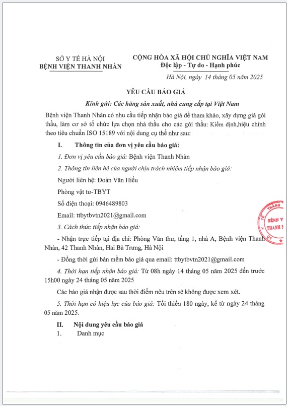 Yêu cầu báo giá làm cơ sở tổ chức lựa chọn nhà thầu cho các gói thầu: Kiểm định, hiệu chỉnh theo tiêu chuẩn ISO 15189