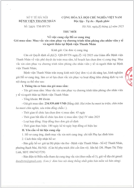 Thư mời về việc cung cấp Hồ sơ cung ứng Gói mua sắm: Mua vắc xin cúm phục vụ chương trình tiêm phòng cho nhân viên y tế và người thân tại Bệnh viện Thanh Nhàn (Kèm QĐ phê duyệt dự toán, kế hoạch)