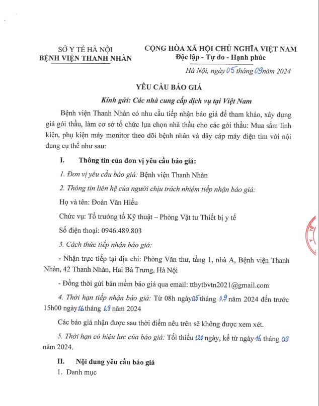 Yêu cầu báo giá cho các gói thầu: Mua sắm linh kiện, phụ kiện máy monitor theo dõi bệnh nhân và dây cáp máy điện tim