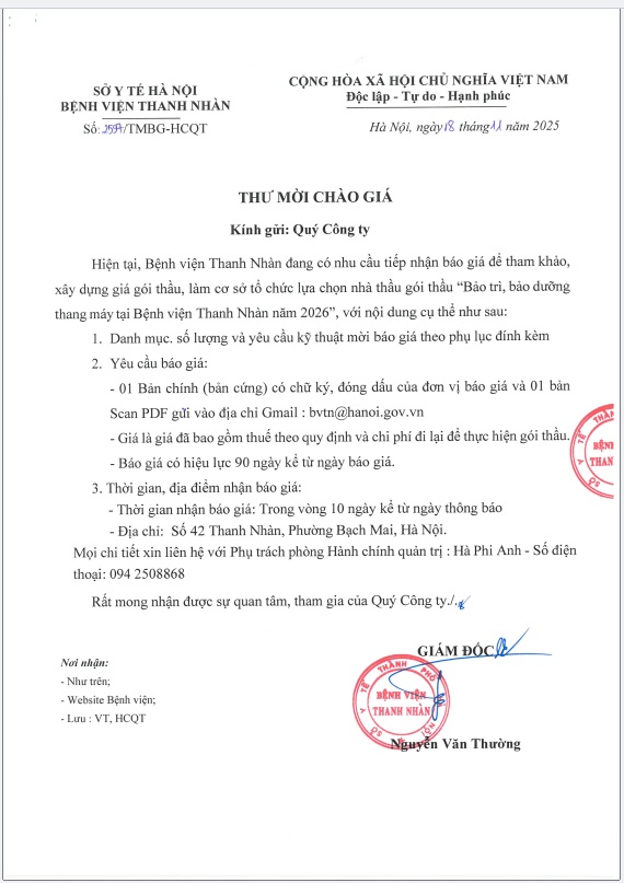 Thư mời chào giá: Về việc mời chào giá cung cấp dịch vụ bảo trì ,bảo dưỡng định kỳ cho thang máy tại Bệnh viện Thanh Nhàn