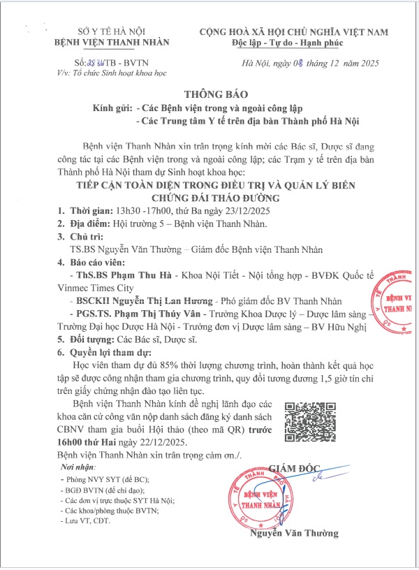 Hội thảo sinh hoạt khoa học 23/12/2025: TIẾP CẬN TOÀN DIỆN TRONG ĐIỀU TRỊ VÀ QUẢN LÝ BIẾN CHỨNG ĐÁI THÁO ĐƯỜNG