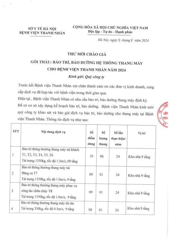 Thư mời chào giá gói thầu: Bảo trì bảo dưỡng hệ thống thang máy cho Bệnh viện Thanh Nhàn năm 2024