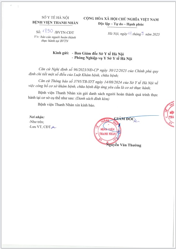 Danh sách người hoàn thành thực hành tại Bệnh viện Thanh Nhàn (CV 1890/BVTN-CĐT ngày 11/09/2025)