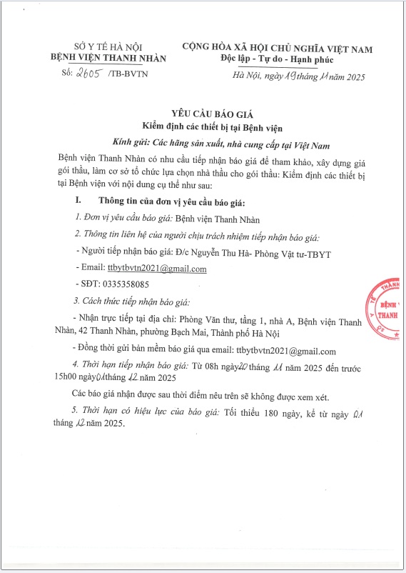 TB 2605 Yêu cầu báo giá Kiểm định các thiết bị tại bệnh viện