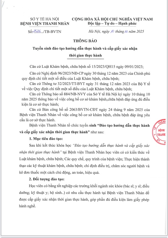 Thông báo tuyển sinh đào tạo hướng dẫn thực hành và cấp giấy xác nhận thời gian thực hành