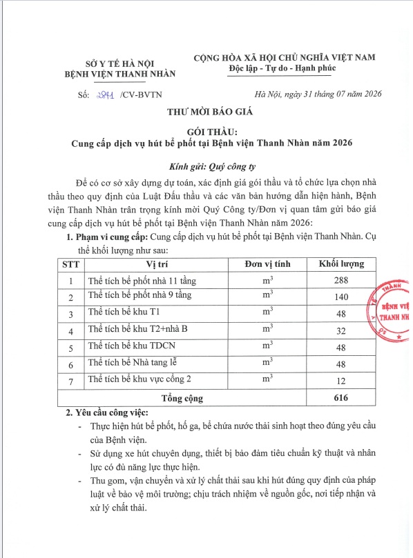 Gói thầu: Cung cấp dịch vụ hút bể phốt tại Bệnh viện Thanh Nhàn năm 2026