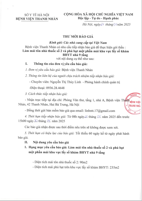 Làm mái tôn nhà thuốc số 2 và phủ bạt một phần mái khu vực lấy số khám BHYT nhà 9 tầng