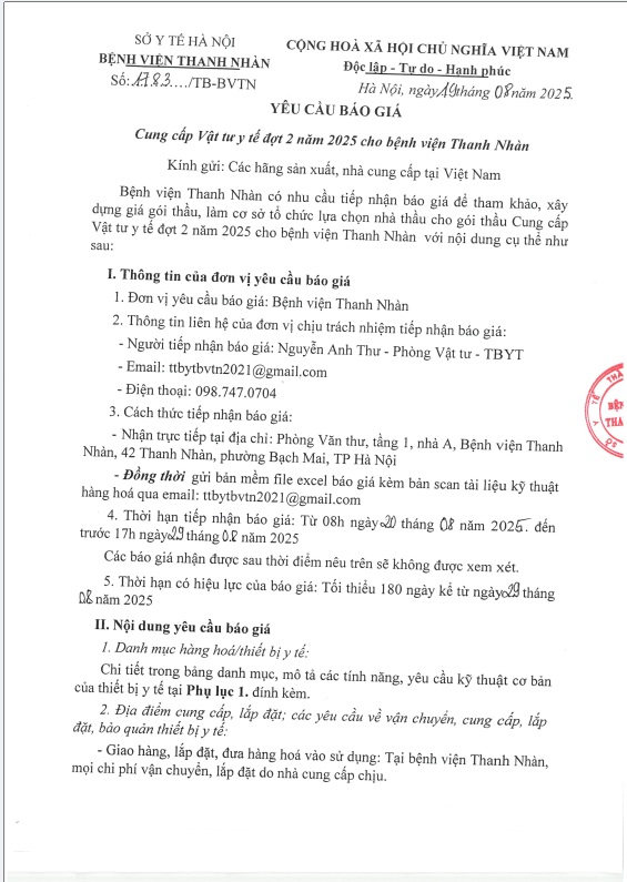 Yêu cầu báo giá để tham khảo làm cơ sở xây dựng gói thầu: Cung cấp vật tư y tế đợt 2 năm 2025 cho bệnh viện Thanh nhàn