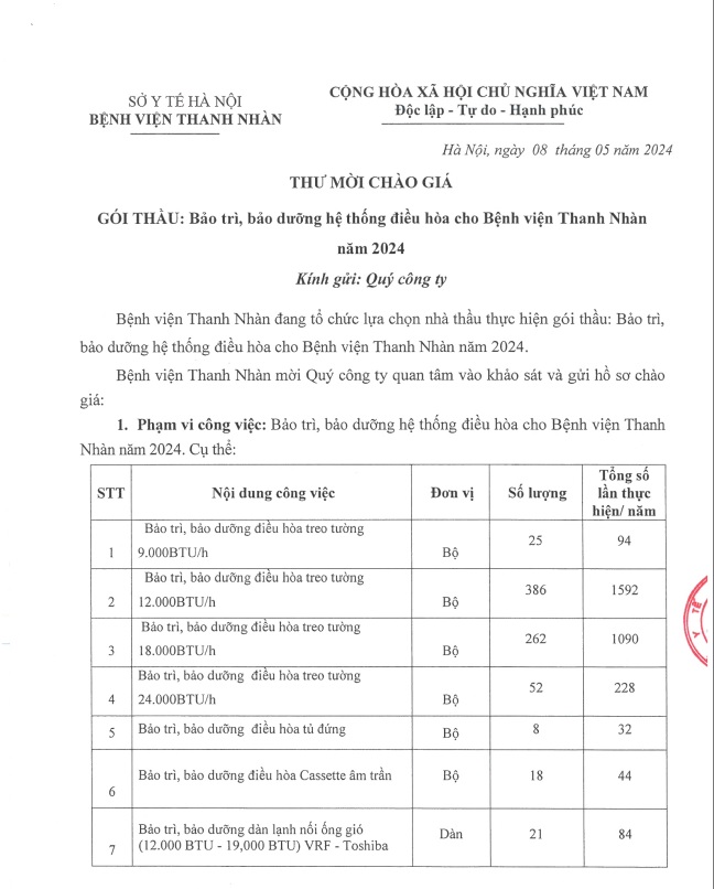 Thư mời chào giá gói thầu: Bảo trì, bảo dưỡng hệ thống điều hòa cho Bệnh viện Thanh Nhàn năm 2024