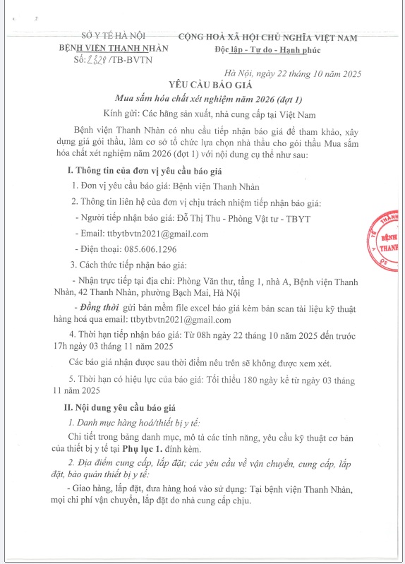 Yêu cầu báo giá Mua sắm hóa chất xét nghiệm năm 2026 (đợt 1)
