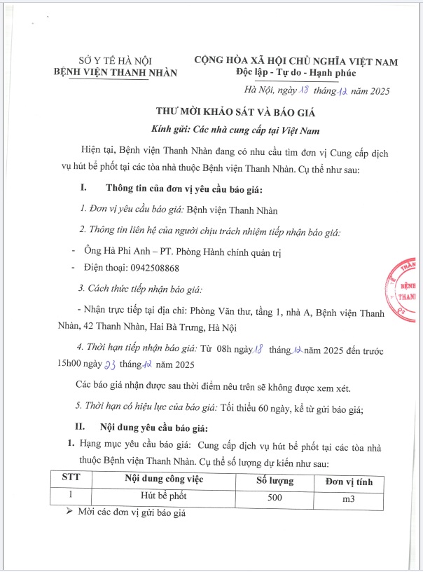 THƯ MỜI KHẢO SÁT VÀ BÁO GIÁ gói thầu Cung cấp dịch vụ hút bể phốt tại các tòa nhà thuộc Bệnh viện Thanh Nhàn