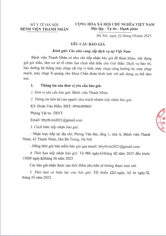 Yêu cầu báo giá để tham khảo thực hiện các gói thầu: Dịch vụ bảo trì, bảo dưỡng hệ thống máy chụp cắt lớp vi tính, máy chụp cộng hưởng từ, máy chụp mạch, máy chụp x-quang cho khoa chẩn đoán hình ảnh