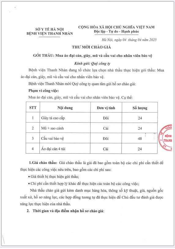 Gói thầu: Mua áo đại cán, giày, mũ và cầu vai cho nhân viên bảo vệ
